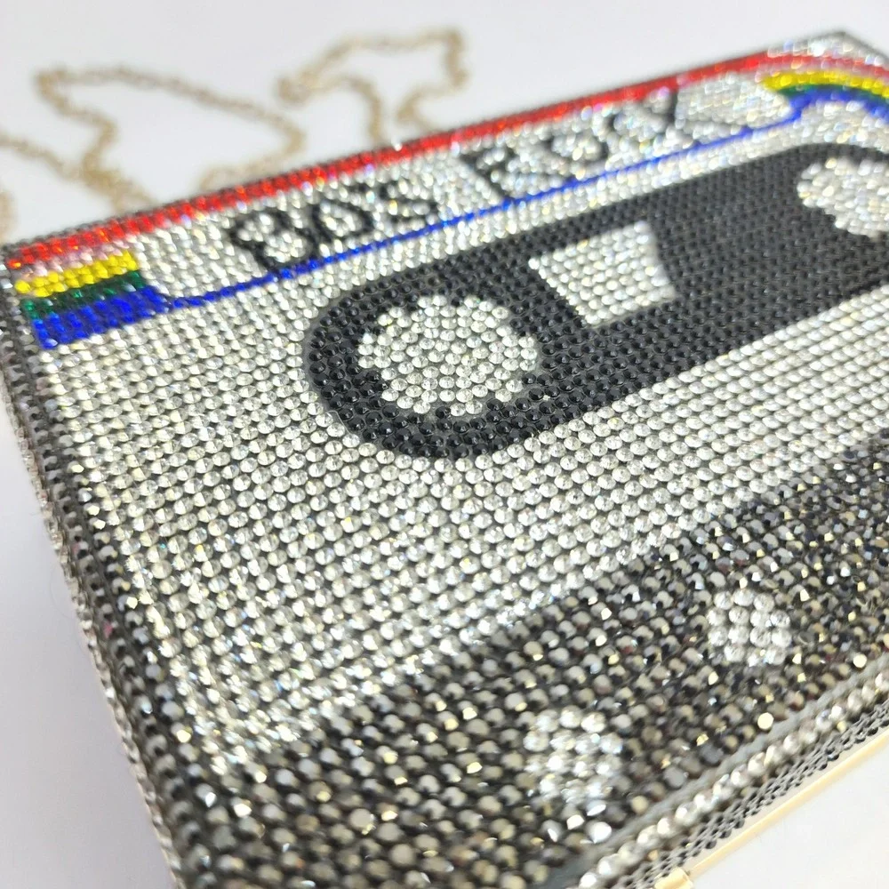 80s Rock Cassette Tape Rhinestone Box Clutch Bag  Crystal Minaudiere Retro